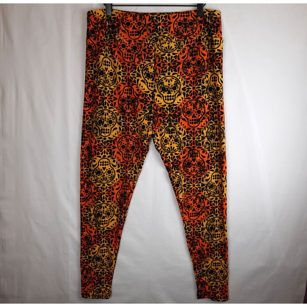 Lularoe XL Halloween Leggings Sugar Skull Dia De Los Muertos Yellow Orange TC2